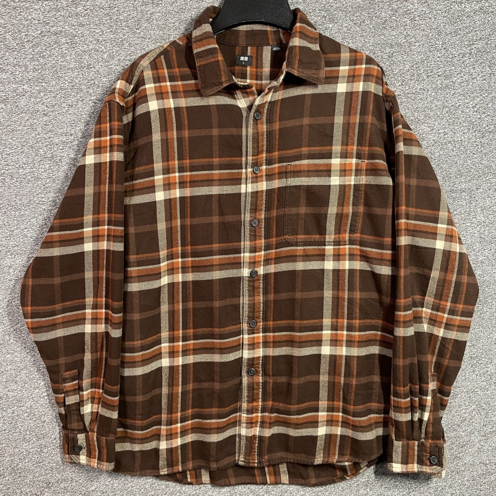 Uniqlo Shirt Mens L Brown Orange Plaid Flannel Button Up
